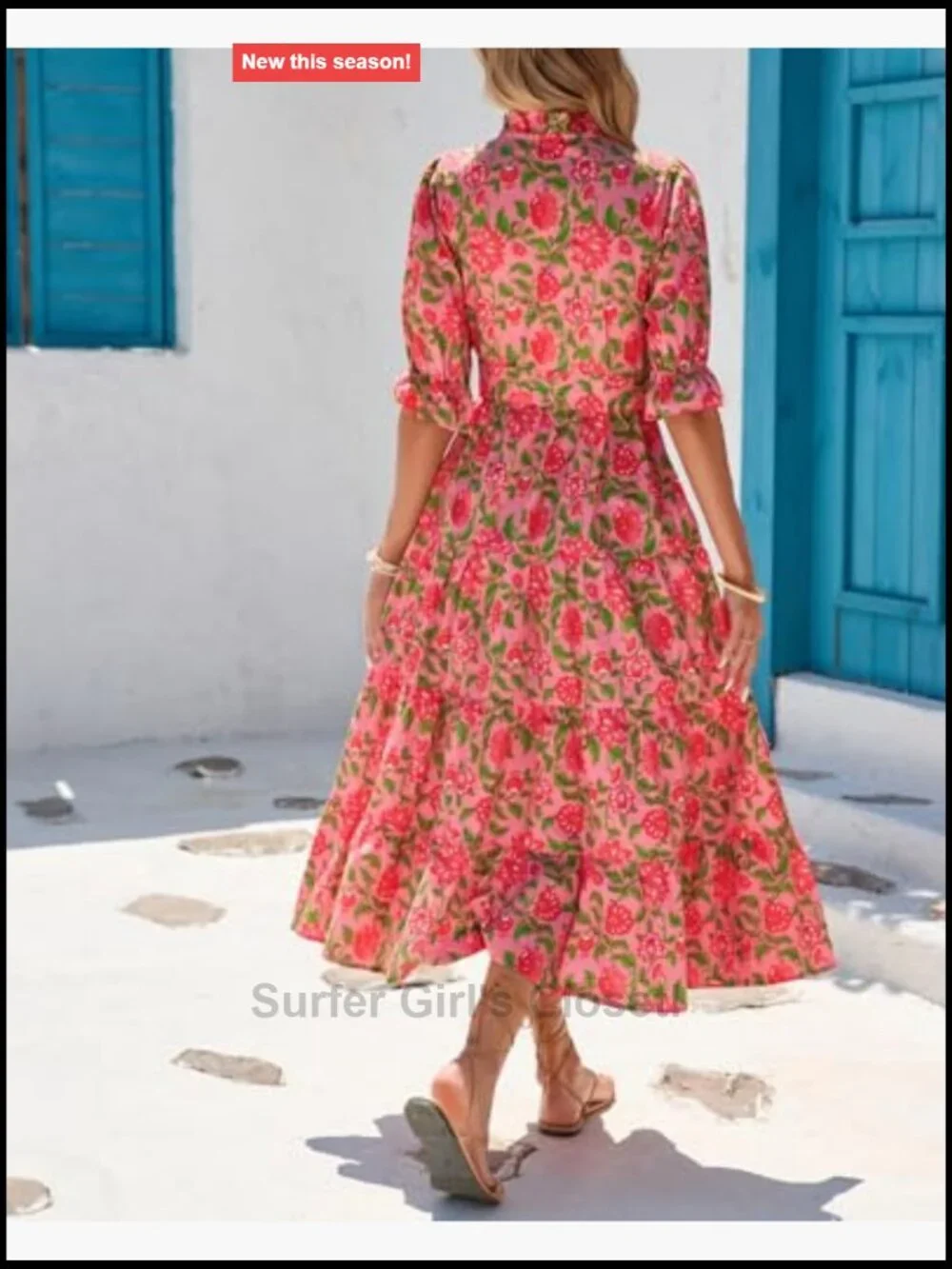 Floral Printed Stand Ruffle Collar Midi Dress Half Sleeve Button Down Flowy